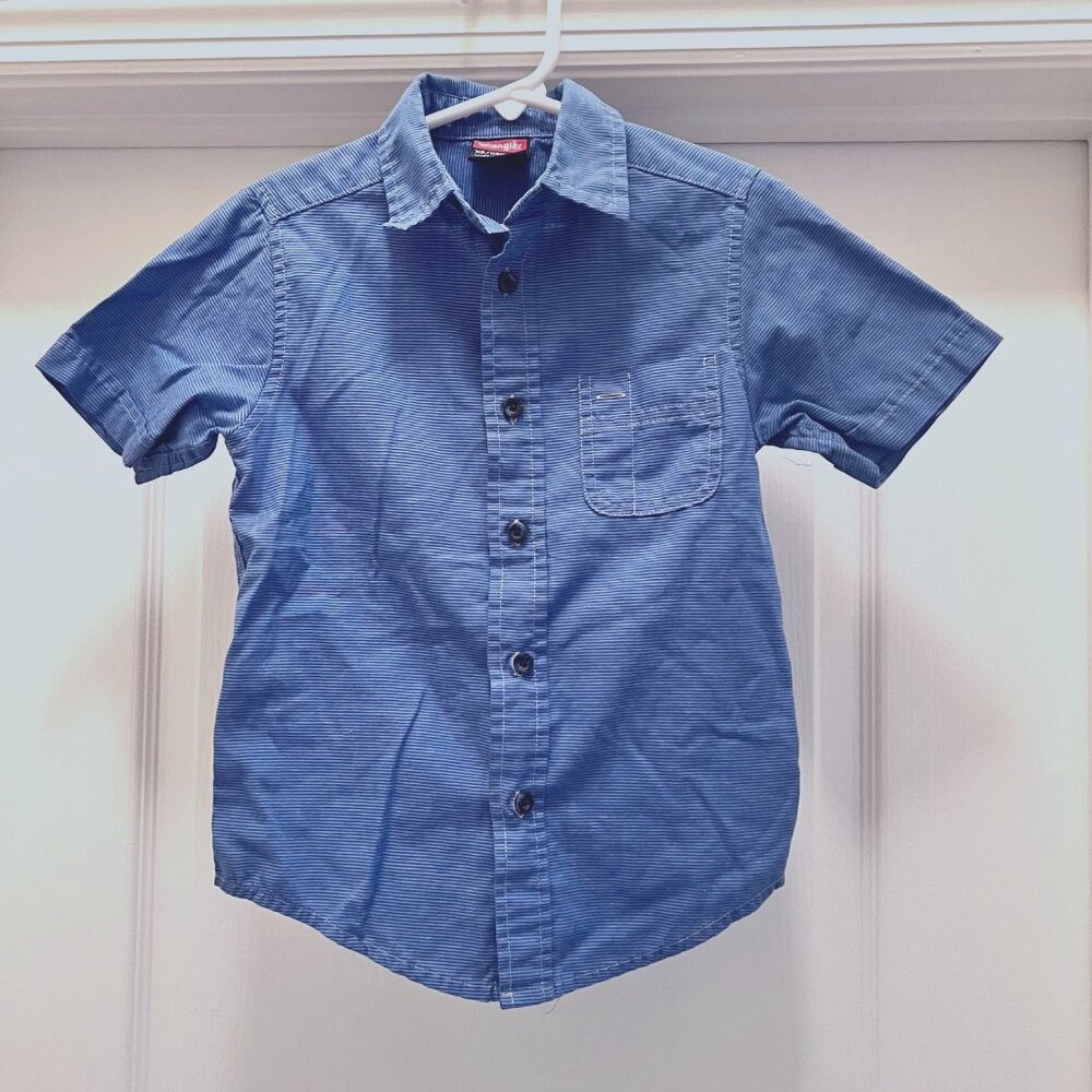 Wrangler-Boys Short Sleeve Button Down Shirt-Blue/White-Size XS (4-5)-Cowrboy
